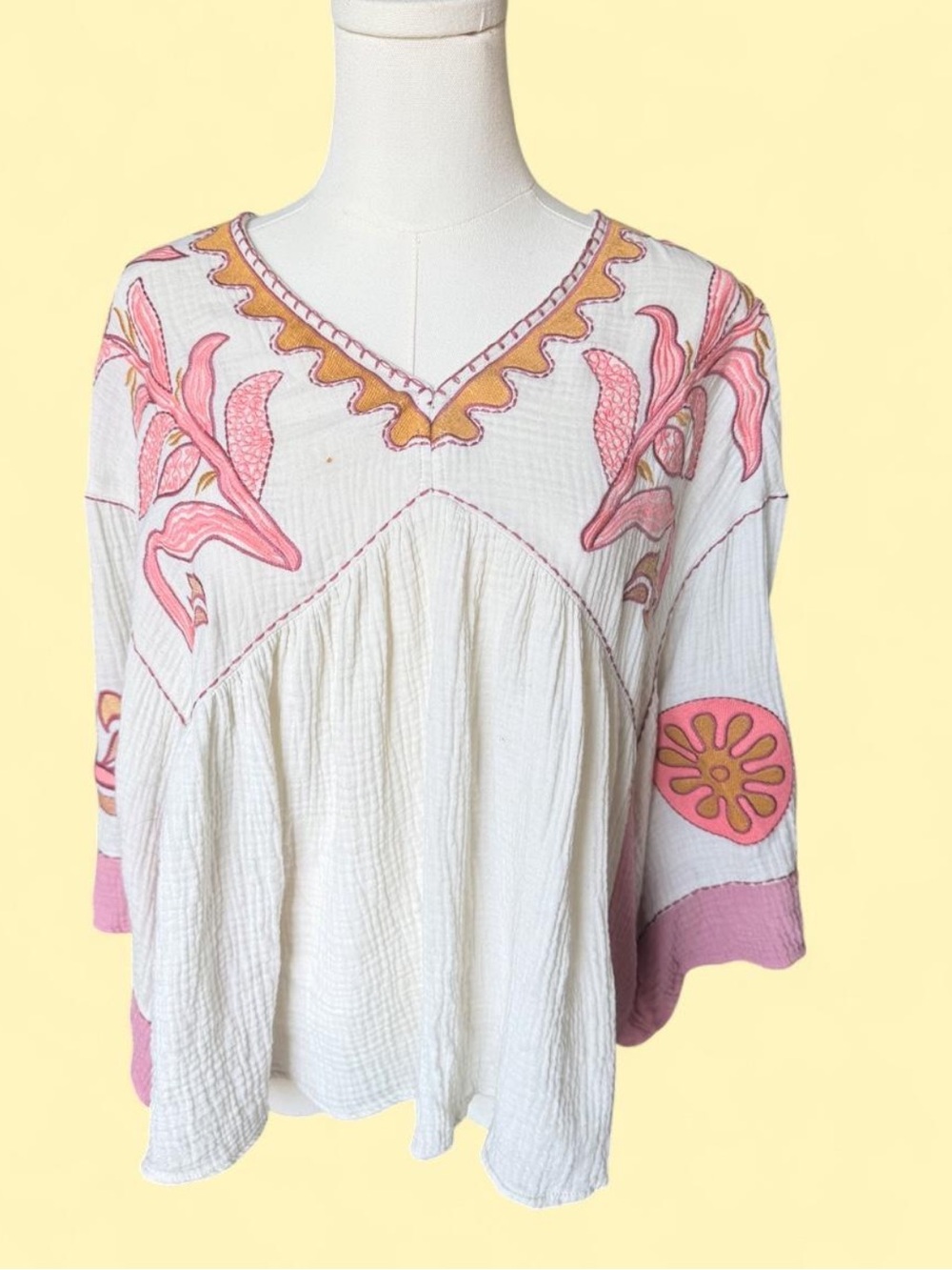 easel Cream Gauze Tunic with Pink & Gold Embroidery